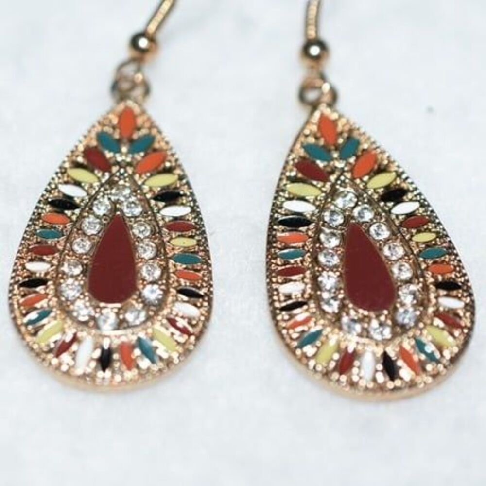 70's Style Teardrop Colorful Waterdrop Enamel Clear Rhinstone Gold Tone Earrings